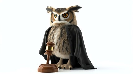 A charming 3D owl character dressed as a judge, complete with a traditional gavel, situated on a clean white background. This adorable and whimsical image is perfect for showcasing fairness,