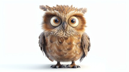 A charming 3D illustration of a cute owl perched gracefully on a white background. This endearing creature exudes warmth and playfulness, appealing to all ages. Perfect for adding a touch of
