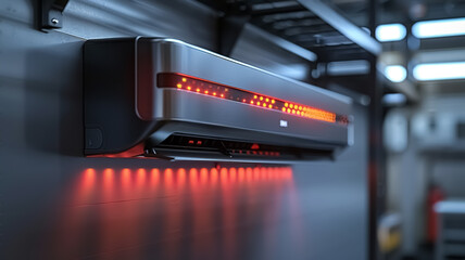 Air Conditioner indoor, turned on, full image of AC unit hanging on the wall under the ceiling, close-up of residential Air Conditioner