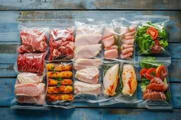 rust blue wooden table with different types of vacuum packed meats