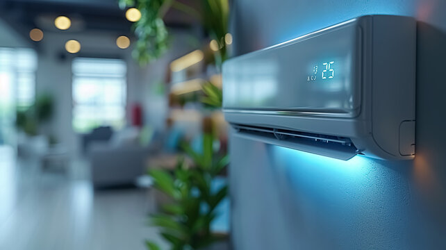 Air Conditioner indoor, turned on, full image of AC unit hanging on the wall under the ceiling, close-up of residential Air Conditioner