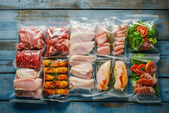 rust blue wooden table with different types of vacuum packed meats