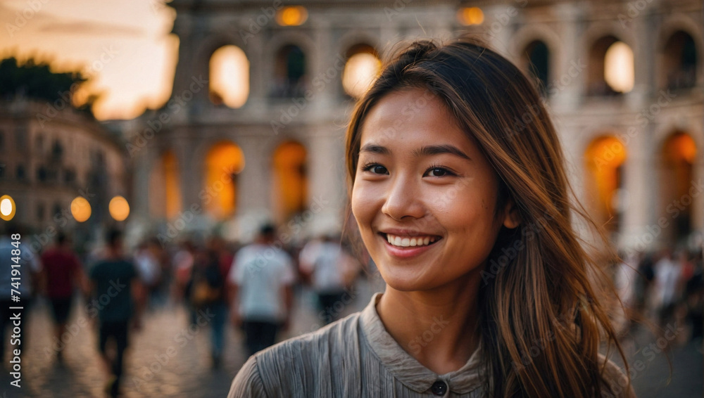 Wall mural ragazza di origini asiatiche in vacanza in italia a roma posa per una foto al tramonto vicino al col