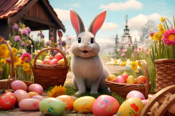 Fototapeta na wymiar Cute gray rabbit sits near baskets with colorful eggs on a rustic background. Happy Easter concept.