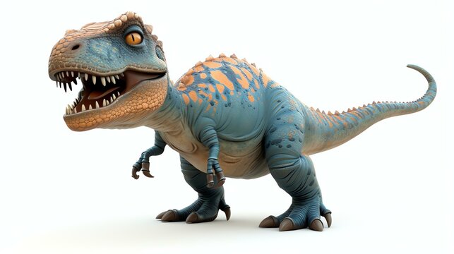 A charming 3D rendition of a cute tyrannosaurus rex, poised playfully on a crisp white background. This adorable stock image will bring a touch of prehistoric joy to any project or design.