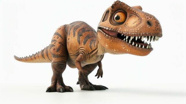 A whimsical and charming 3D rendering of a cute tyrannosaurus rex standing proudly on a white background. This adorable and vibrant image is perfect for kids' products, educational materials