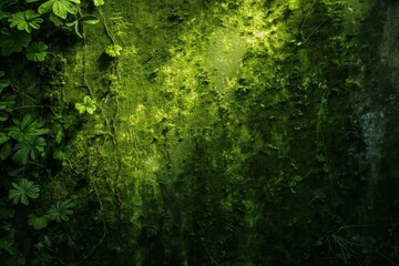 a moss covered green wall with some ivy and sunlight