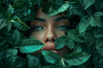 portrait of a woman hiding behind green leaves