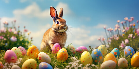 cute easter bunny rabbit with colorful painted eggs on green meadow with flowers blue sky background. seasonal holiday concept.