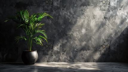 Interior of room with dark gray stucco wall and pot with plant. Copy space for text.