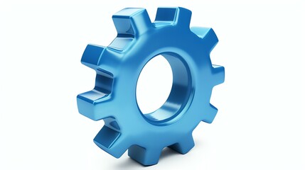 A sleek and modern 3D rendered icon of a vibrant blue gear. This eye-catching image is perfect for technology, innovation, and engineering concepts. Isolated on a clean white background.