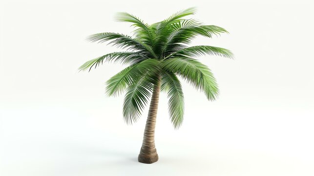 A stunning 3D rendered icon of a palm tree, exuding a serene tropical vibe, proudly standing against a pristine white background. Perfect for bringing a touch of paradise to your designs, pr