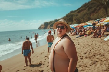 overweight man on the beach very sad