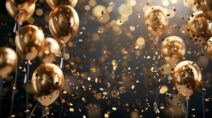 Background of celebration adorned with confetti and golden balloons