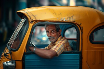 taxi driver waiting in the taxi for a passenger in the Indian