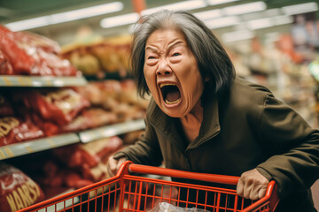 Angry old asian woman in the supermarket	 - obrazy, fototapety, plakaty