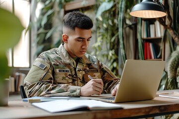 young military man using his laptop writing - obrazy, fototapety, plakaty