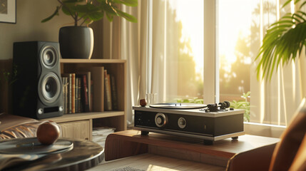 A vintage-inspired luxury vinyl record player takes center stage in this stylish living room. Its...