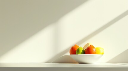 A minimalist kitchen scene featuring a vibrant fruit bowl as the focal point, placed on a pristine white countertop. Soft, diffused lighting beautifully illuminates the scene, enhancing the