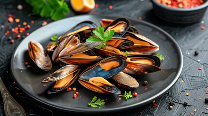 A tantalizing mound of succulent mussels, expertly garnished with fragrant herbs, sits invitingly on a sophisticated dark plate. A seafood lover's dream! - obrazy, fototapety, plakaty