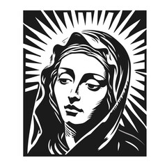 Our Lady Virgin Mary Mother of Jesus, Holy Mary, madonna, vector illustration, black and white, printable, suitable for logo, sign, tattoo, laser cutting, sticker and other print on demand