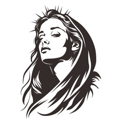 Our Lady Virgin Mary Mother of Jesus, Holy Mary, madonna, vector illustration, black and white, printable, suitable for logo, sign, tattoo, laser cutting, sticker and other print on demand
