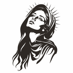 Our Lady Virgin Mary Mother of Jesus, Holy Mary, madonna, vector illustration, black and white, printable, suitable for logo, sign, tattoo, laser cutting, sticker and other print on demand