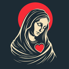 Our Lady Virgin Mary Mother of Jesus, Holy Mary, madonna, vector illustration, black and red heart, printable, suitable for logo, sign, tattoo, laser cutting, sticker and other print on demand
