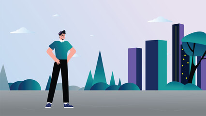 Illustration of a happy character in front of a metro skyline vector illustration