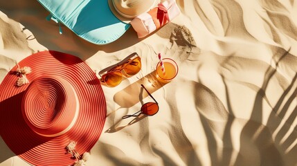 A vibrant and stylish composition of summer beach essentials transformed into a stunning flat lay, capturing the essence of warmth and relaxation under the radiant midday sun. - obrazy, fototapety, plakaty