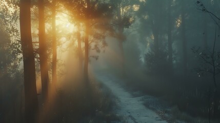 Discover the ethereal beauty of a fog-laden forest path as the golden hues of sunrise pierce through, evoking an enchanting and peaceful atmosphere. Surrender to nature's spectacle and find - obrazy, fototapety, plakaty