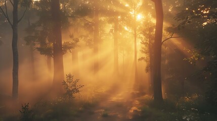 Discover the ethereal beauty of a fog-laden forest path as the golden hues of sunrise pierce through, evoking an enchanting and peaceful atmosphere. Surrender to nature's spectacle and find - obrazy, fototapety, plakaty