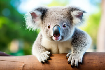Adorable koala peering over a branch, with a curious and endearing expression, set against a vibrant green background.