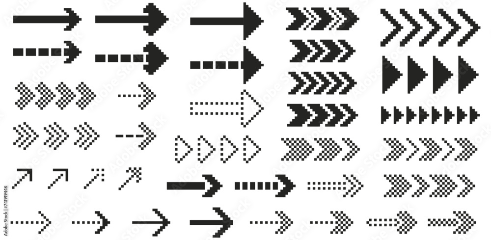 Fototapete set of pixelated arrows. abstract pixel dash dotted line arrows, graphic squares and dots on transpa