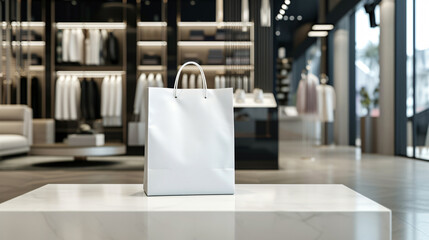 A sophisticated and elegant shopping bag mockup in a luxurious boutique environment, showcasing the remarkable quality of its plain material. This high-end bag is perfect for showcasing your