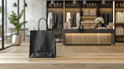 A sophisticated and elegant shopping bag mockup in a luxurious boutique environment, showcasing the remarkable quality of its plain material. This high-end bag is perfect for showcasing your - obrazy, fototapety, plakaty