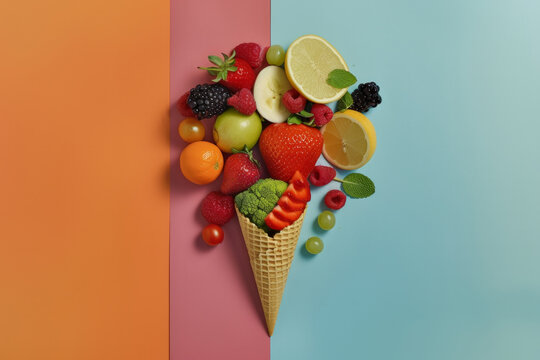 Ice cream cone topped with fresh vegetables and lemon presented in a flat lay style Copy space image Place for adding text or design. Vegan and vegetarian diet concept.