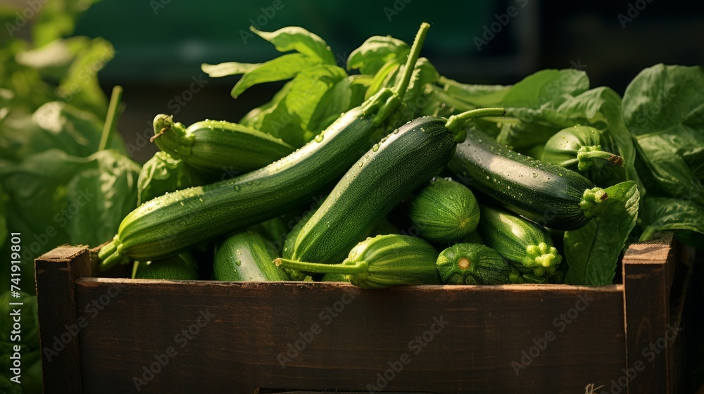 Poster a box brimming with freshly picked zucchinis, close-up realistic photo generative ai
