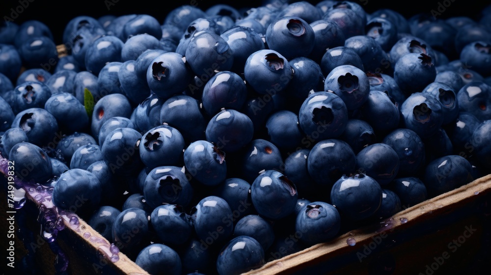 Poster a box overflowing with luscious blueberries, close-up realistic photo generative ai