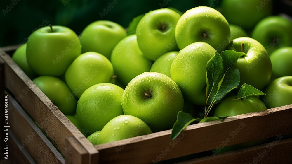 Poster a box packed with crisp green apples, close-up realistic photo generative ai