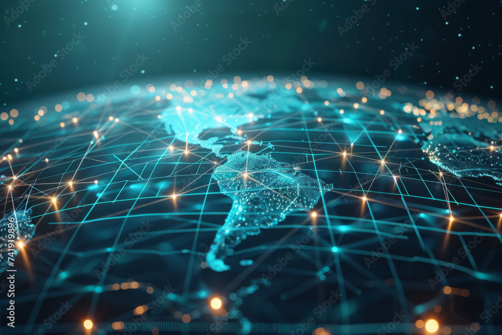 Poster global communication and international connections. world map with connected lines and dots