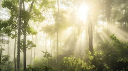 Gordijnen A mesmerizing ethereal forest scene unfolds in this enchanting capture. Mysterious fog veils the ancient trees, while rays of golden sunlight dance through the mist, casting an otherworldly © Factory