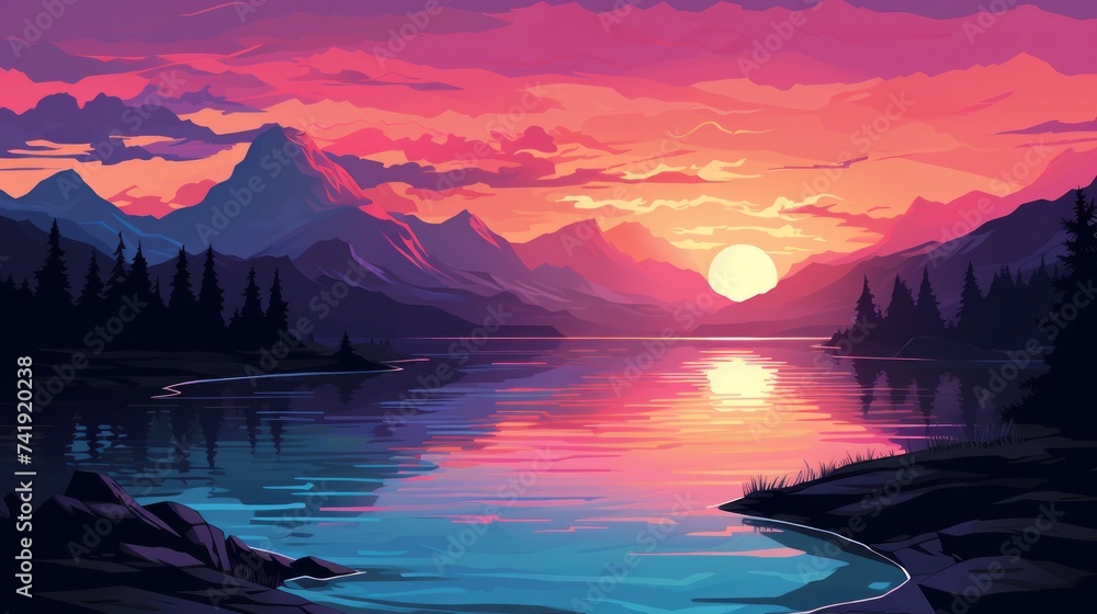 Poster generative ai a breathtaking sunset over a calm lake with mountains in the background.