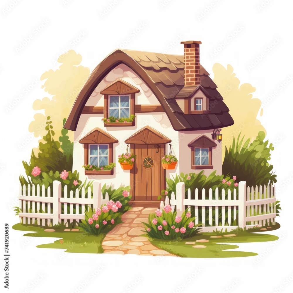 Aufkleber generative ai a charming fairytale cottage with a thatched roof and a white picket fence.