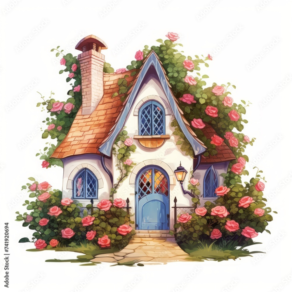 Poster generative ai a charming fairytale home adorned with vibrant climbing roses and a serene white backd