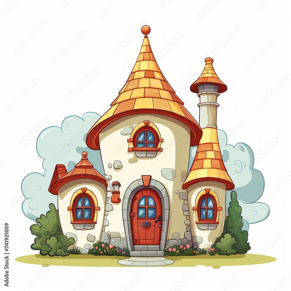 Poster generative ai a cozy fairytale dwelling featuring a quaint chimney and arched windows.