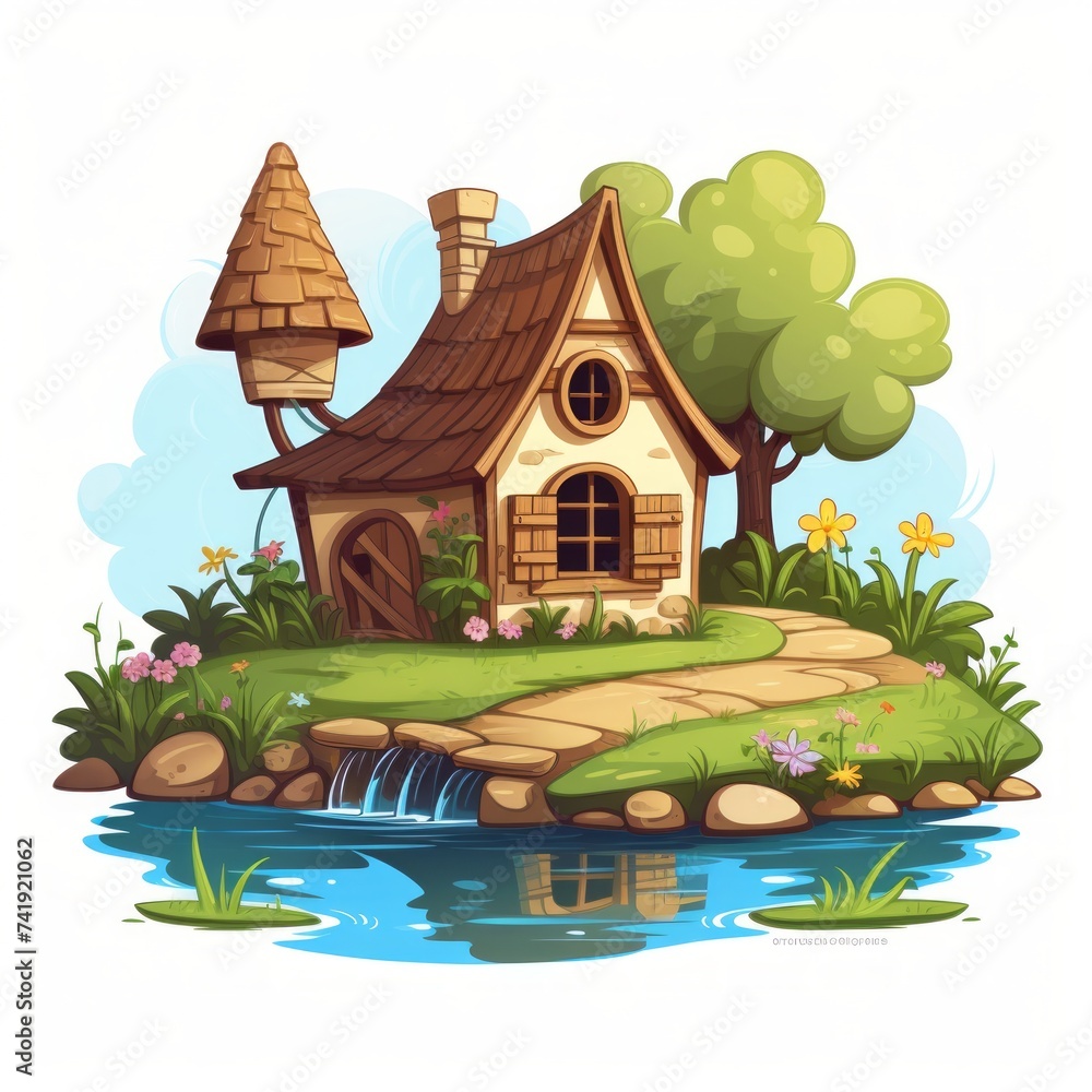 Poster generative ai a cozy fairytale house with a rustic water well and a serene countryside setting.