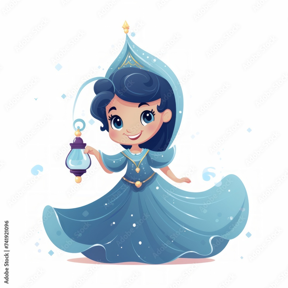 Aufkleber Generative AI A cute miniature genie with a flowing veil and a tiny magical lamp.