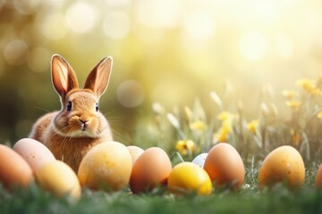 Holiday celebration banner with cute Easter bunny with decorated eggs and spring flowers on green spring meadow. Rabbit in landscape. Happy Easter greeting card, banner, festive background.Copy space
