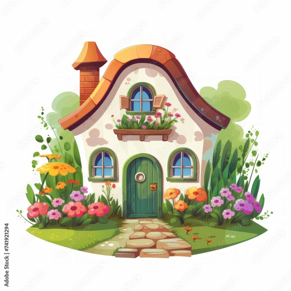 Poster generative ai a delightful miniature house with vibrant shutters and a well-kept garden path.